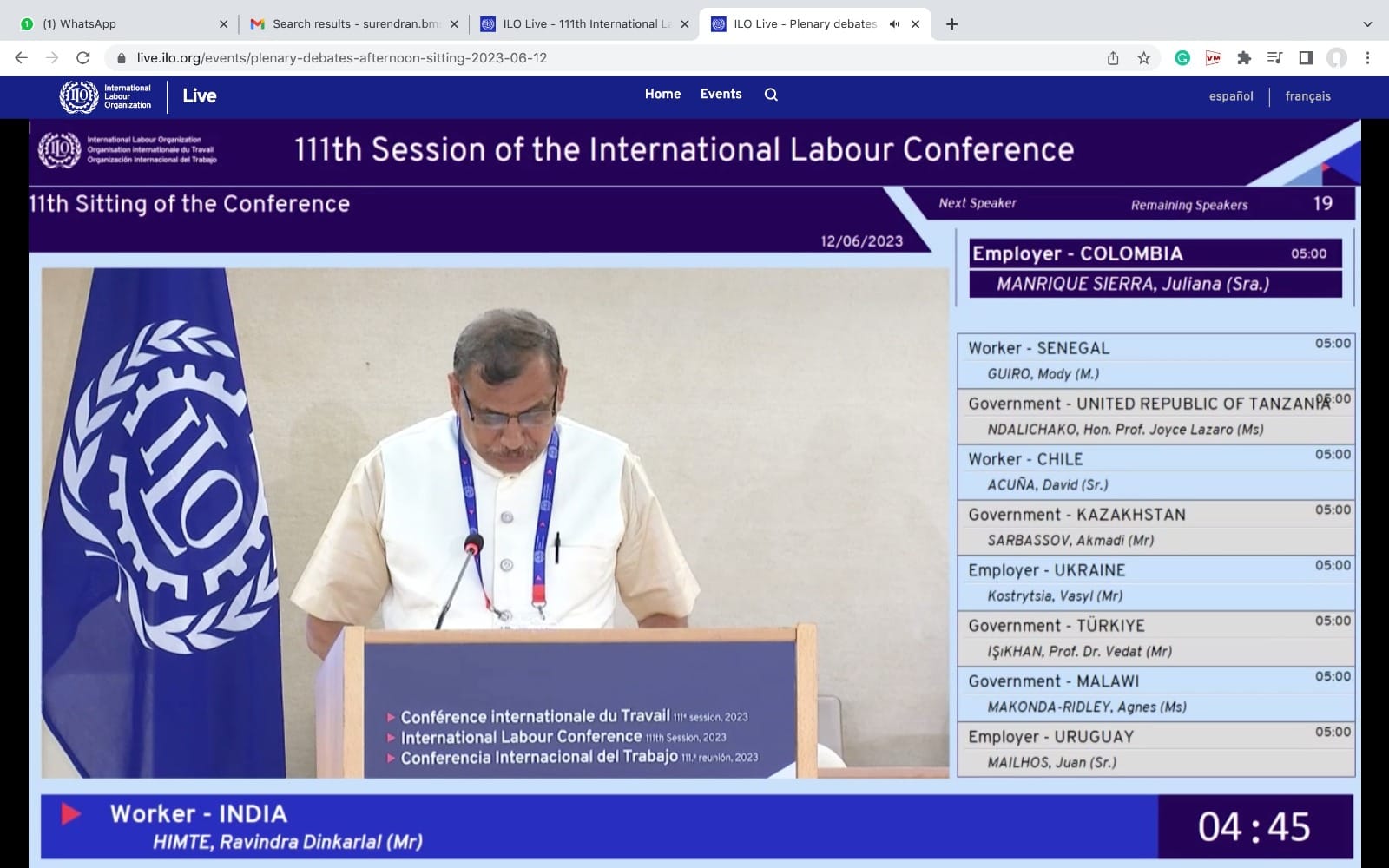 Shri Ravindra Himteji addressing at the Plenary session of the 111th ILC meeting at ILO Geneva on behalf of the WORKER’S OF INDIA.